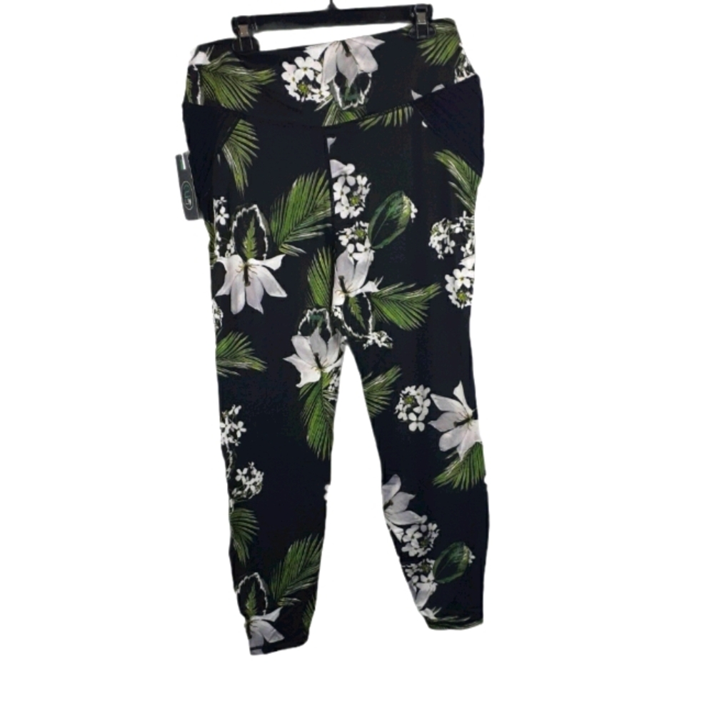 2LIV Womens Plus Size 2X Black Floral Fitness Workout Legging Pants - Picture 2 of 2
